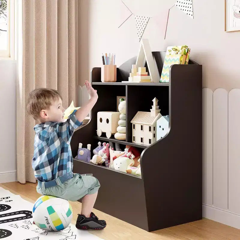Mobiletto porta giocattoli e libreria a 3 ripiani con cubi, organizer multi-ripiano per sala giochi, camera da letto, corridoio, asilo, marrone scuro