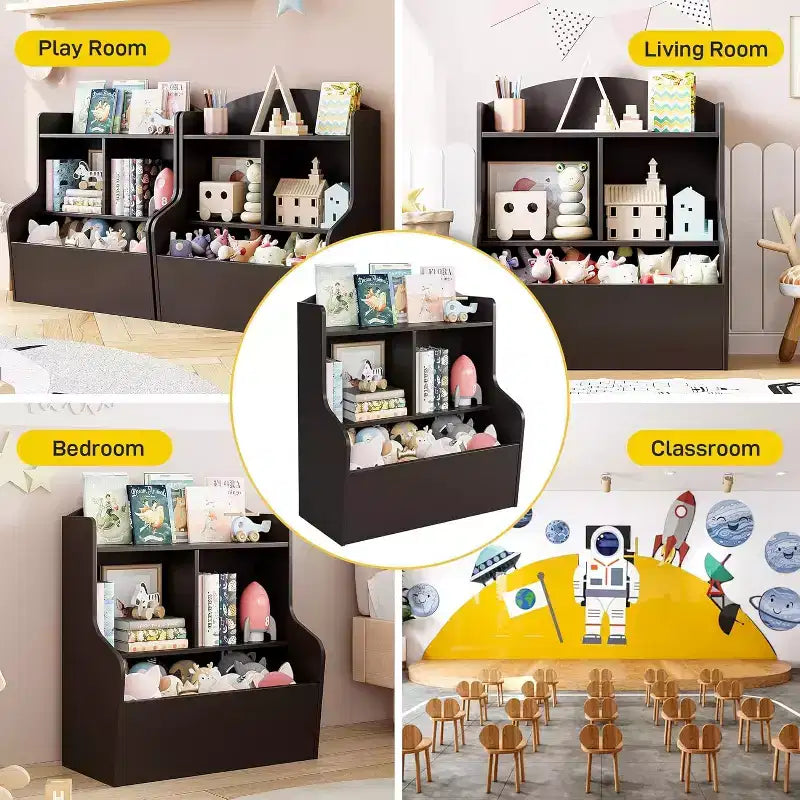 Mobiletto porta giocattoli e libreria a 3 ripiani con cubi, organizer multi-ripiano per sala giochi, camera da letto, corridoio, asilo, marrone scuro