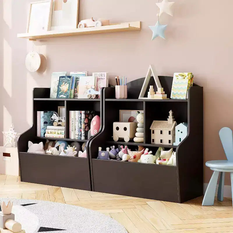 Mobiletto porta giocattoli e libreria a 3 ripiani con cubi, organizer multi-ripiano per sala giochi, camera da letto, corridoio, asilo, marrone scuro