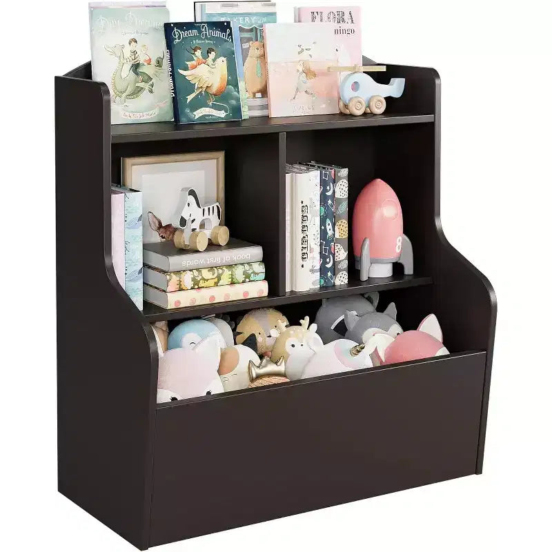 Mobiletto porta giocattoli e libreria a 3 ripiani con cubi, organizer multi-ripiano per sala giochi, camera da letto, corridoio, asilo, marrone scuro