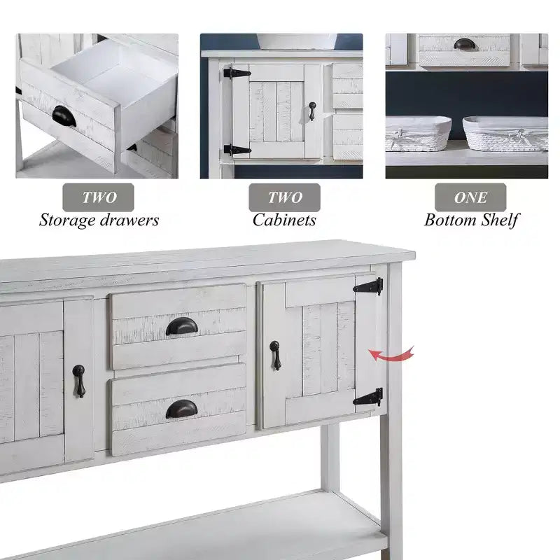 48 Tavolo Console Credenza in Legno Massello di Pino, Mobile con 2 Cassetti, 2 Armadietti, Ripiano Inferiore, Mobile Contenitore Buffet per Cucina, Sala da Pranzo