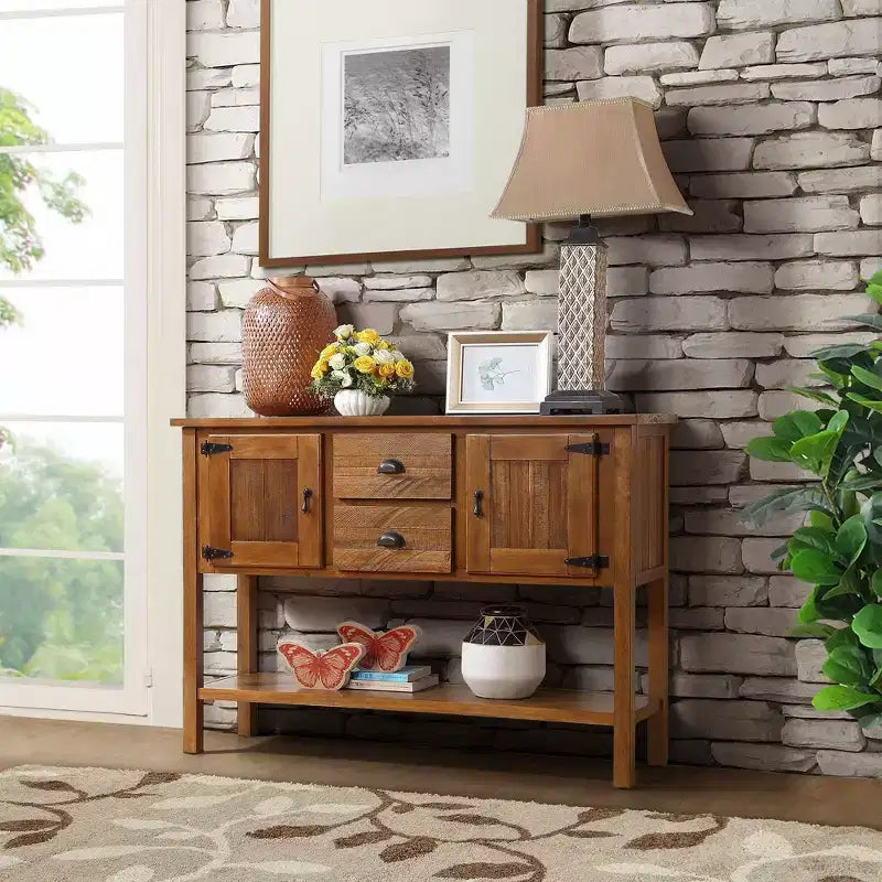 48 Tavolo Console Credenza in Legno Massello di Pino, Mobile con 2 Cassetti, 2 Armadietti, Ripiano Inferiore, Mobile Contenitore Buffet per Cucina, Sala da Pranzo
