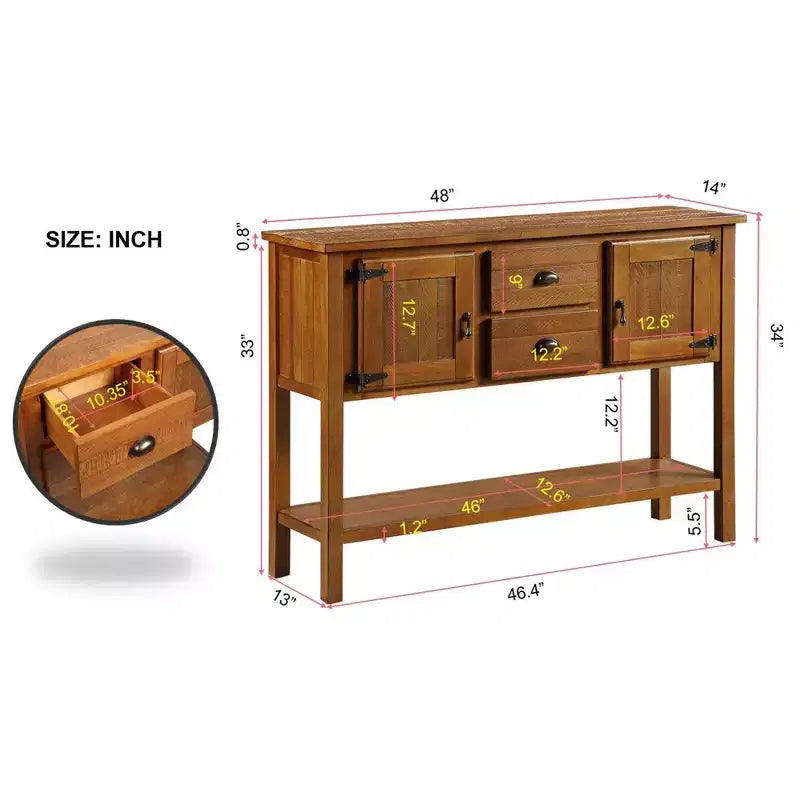48 Tavolo Console Credenza in Legno Massello di Pino, Mobile con 2 Cassetti, 2 Armadietti, Ripiano Inferiore, Mobile Contenitore Buffet per Cucina, Sala da Pranzo