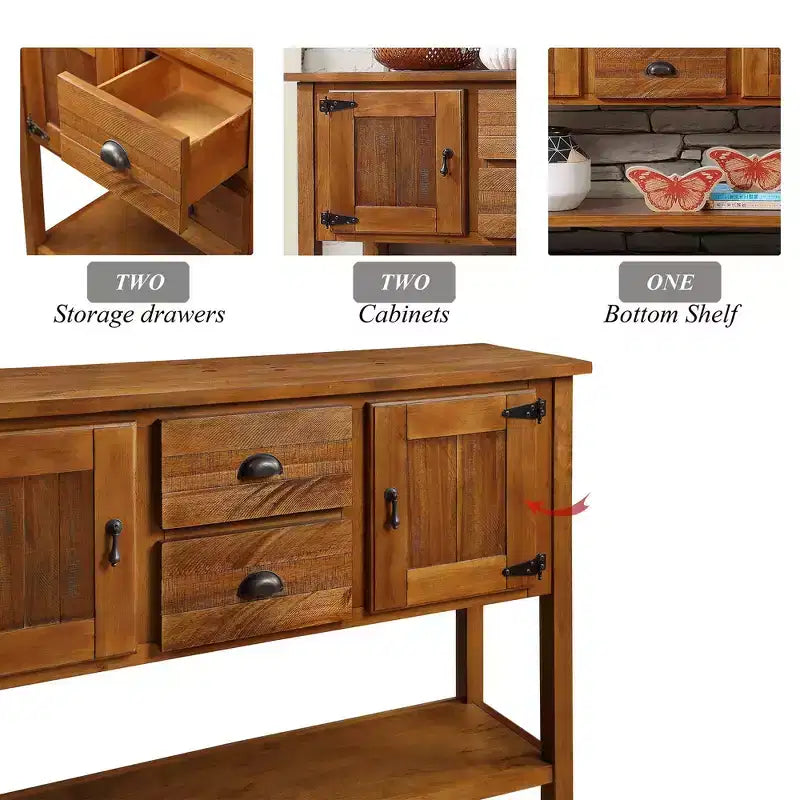 48 Tavolo Console Credenza in Legno Massello di Pino, Mobile con 2 Cassetti, 2 Armadietti, Ripiano Inferiore, Mobile Contenitore Buffet per Cucina, Sala da Pranzo
