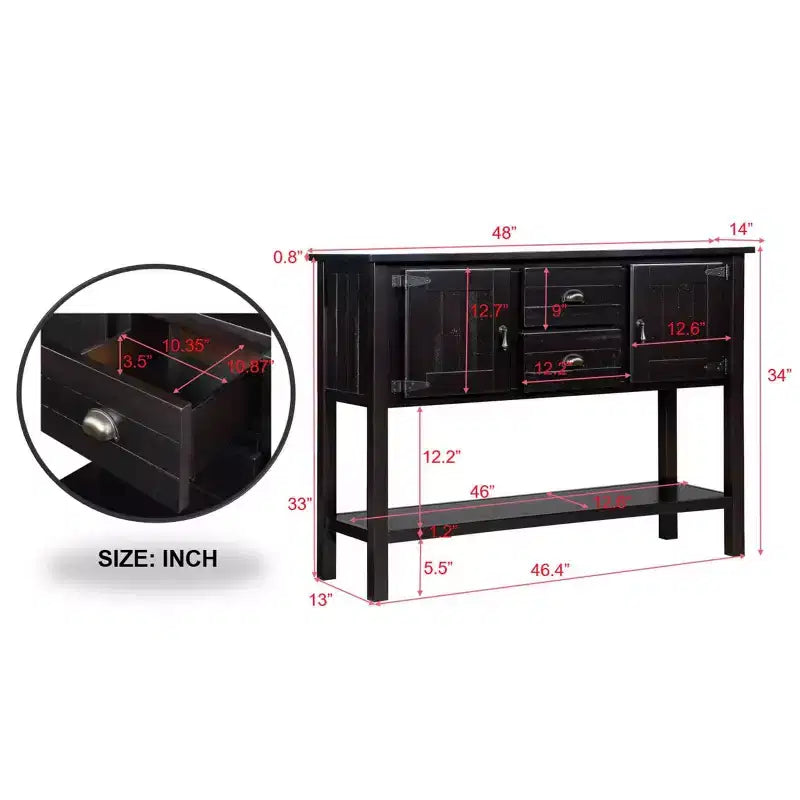 48 Tavolo Console Credenza in Legno Massello di Pino, Mobile con 2 Cassetti, 2 Armadietti, Ripiano Inferiore, Mobile Contenitore Buffet per Cucina, Sala da Pranzo