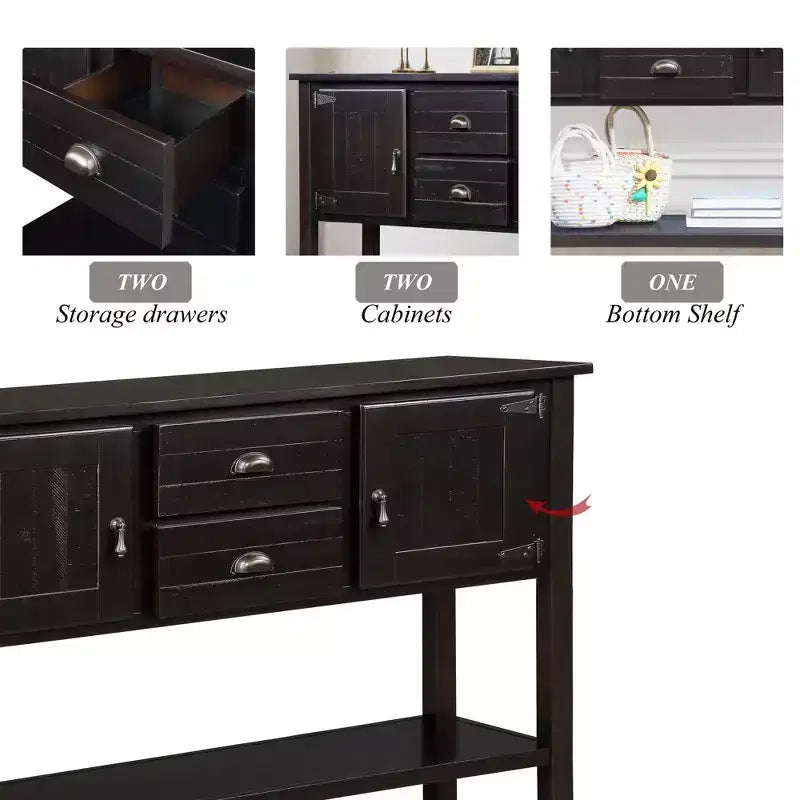 48 Tavolo Console Credenza in Legno Massello di Pino, Mobile con 2 Cassetti, 2 Armadietti, Ripiano Inferiore, Mobile Contenitore Buffet per Cucina, Sala da Pranzo