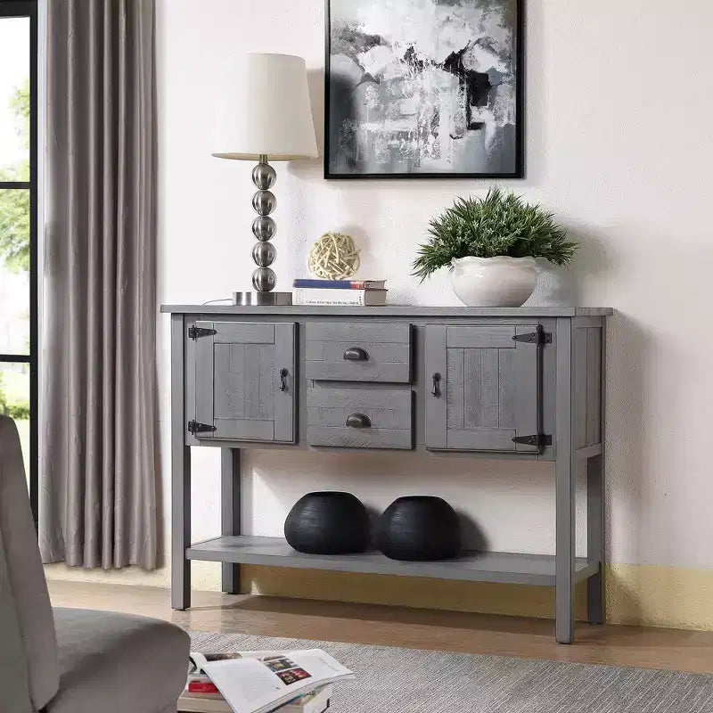 48 Tavolo Console Credenza in Legno Massello di Pino, Mobile con 2 Cassetti, 2 Armadietti, Ripiano Inferiore, Mobile Contenitore Buffet per Cucina, Sala da Pranzo