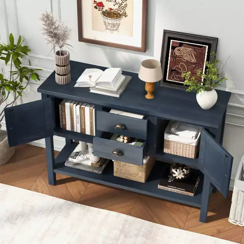 48 Tavolo Console Credenza in Legno Massello di Pino, Mobile con 2 Cassetti, 2 Armadietti, Ripiano Inferiore, Mobile Contenitore Buffet per Cucina, Sala da Pranzo