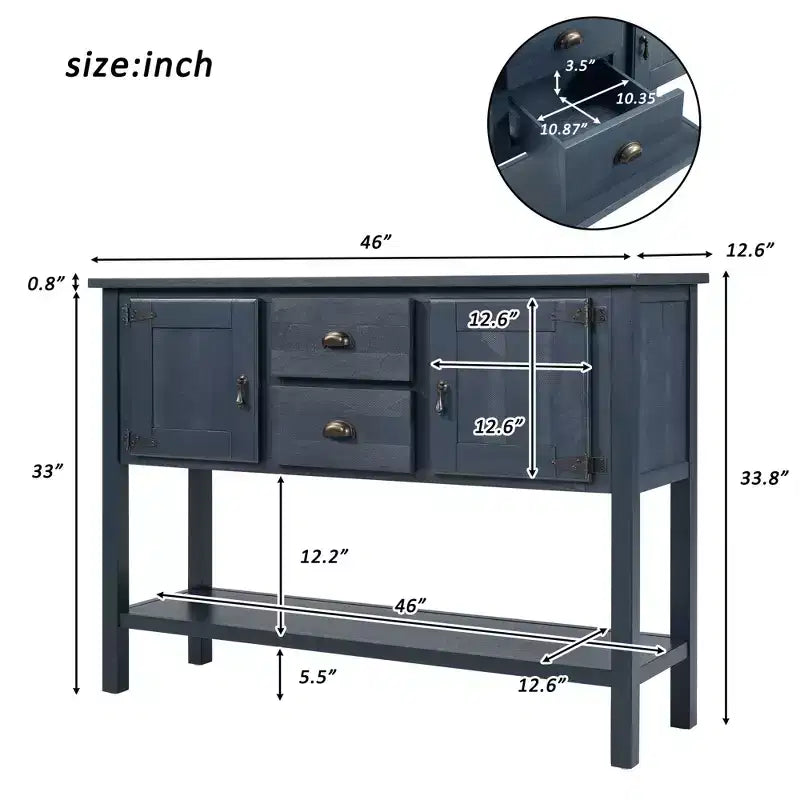 48 Tavolo Console Credenza in Legno Massello di Pino, Mobile con 2 Cassetti, 2 Armadietti, Ripiano Inferiore, Mobile Contenitore Buffet per Cucina, Sala da Pranzo