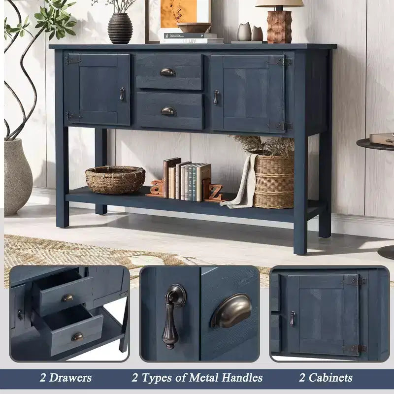 48 Tavolo Console Credenza in Legno Massello di Pino, Mobile con 2 Cassetti, 2 Armadietti, Ripiano Inferiore, Mobile Contenitore Buffet per Cucina, Sala da Pranzo