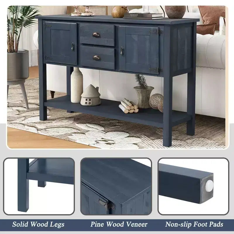 48 Tavolo Console Credenza in Legno Massello di Pino, Mobile con 2 Cassetti, 2 Armadietti, Ripiano Inferiore, Mobile Contenitore Buffet per Cucina, Sala da Pranzo
