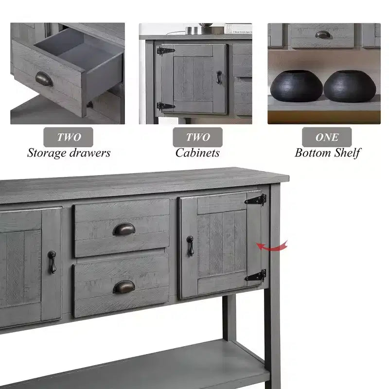 48 Tavolo Console Credenza in Legno Massello di Pino, Mobile con 2 Cassetti, 2 Armadietti, Ripiano Inferiore, Mobile Contenitore Buffet per Cucina, Sala da Pranzo