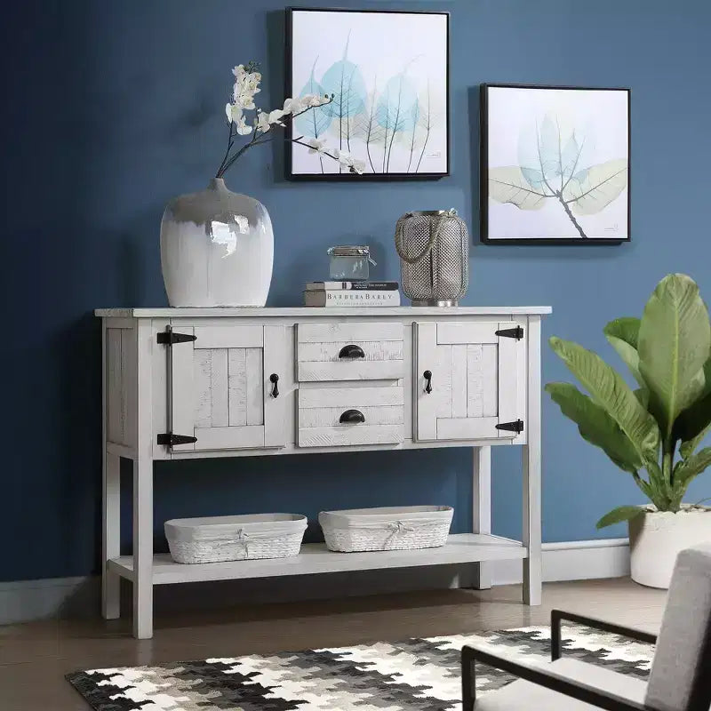 48 Tavolo Console Credenza in Legno Massello di Pino, Mobile con 2 Cassetti, 2 Armadietti, Ripiano Inferiore, Mobile Contenitore Buffet per Cucina, Sala da Pranzo