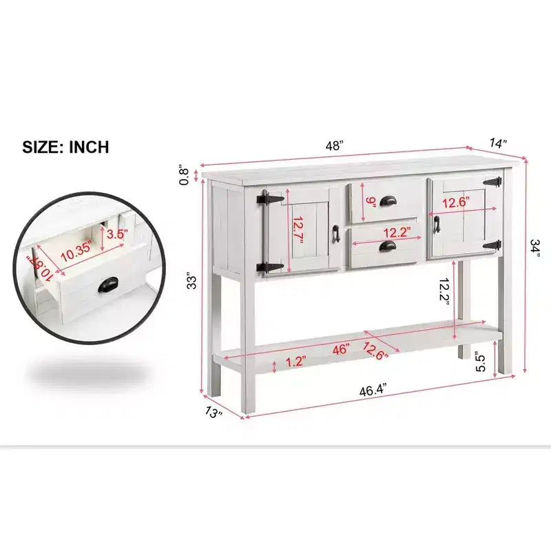 48 Tavolo Console Credenza in Legno Massello di Pino, Mobile con 2 Cassetti, 2 Armadietti, Ripiano Inferiore, Mobile Contenitore Buffet per Cucina, Sala da Pranzo