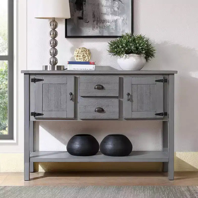 48 Tavolo Console Credenza in Legno Massello di Pino, Mobile con 2 Cassetti, 2 Armadietti, Ripiano Inferiore, Mobile Contenitore Buffet per Cucina, Sala da Pranzo