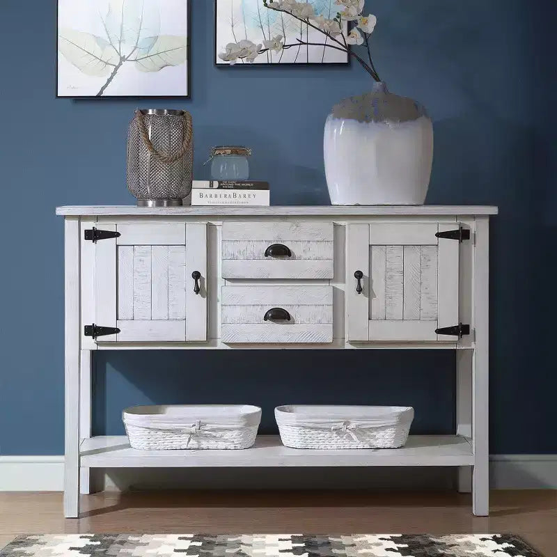 48 Tavolo Console Credenza in Legno Massello di Pino, Mobile con 2 Cassetti, 2 Armadietti, Ripiano Inferiore, Mobile Contenitore Buffet per Cucina, Sala da Pranzo