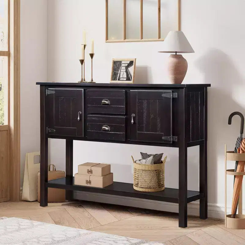 48 Tavolo Console Credenza in Legno Massello di Pino, Mobile con 2 Cassetti, 2 Armadietti, Ripiano Inferiore, Mobile Contenitore Buffet per Cucina, Sala da Pranzo