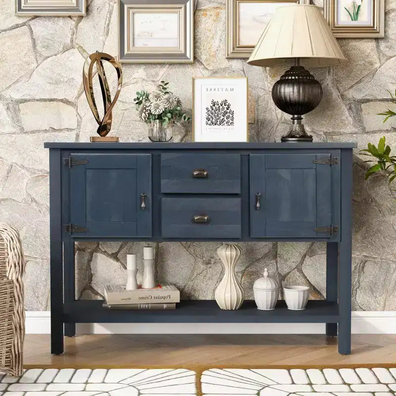 48 Tavolo Console Credenza in Legno Massello di Pino, Mobile con 2 Cassetti, 2 Armadietti, Ripiano Inferiore, Mobile Contenitore Buffet per Cucina, Sala da Pranzo