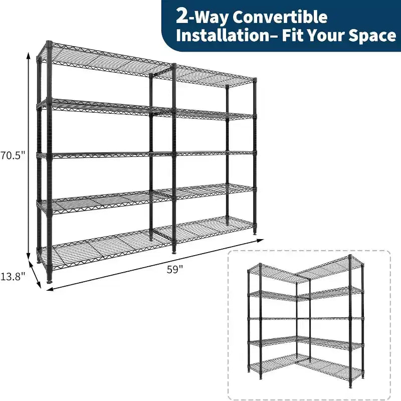 Scaffale portaoggetti in filo metallico resistente a 5 ripiani, unità di scaffalatura regolabile per dispensa cucina, garage e uso commerciale, organizzatore autoportante ampio