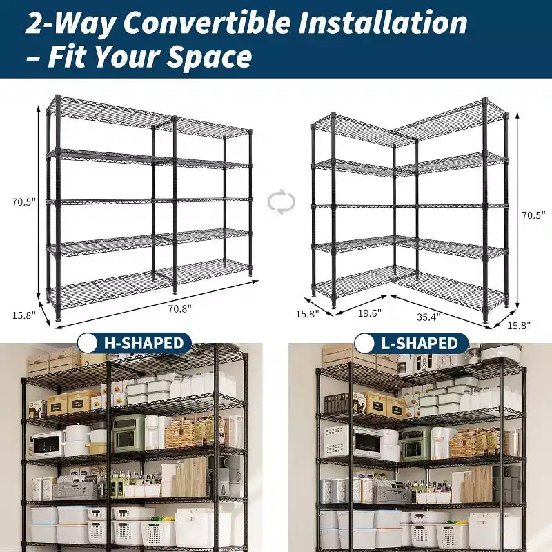 Scaffale portaoggetti in filo metallico resistente a 5 ripiani, unità di scaffalatura regolabile per dispensa cucina, garage e uso commerciale, organizzatore autoportante ampio