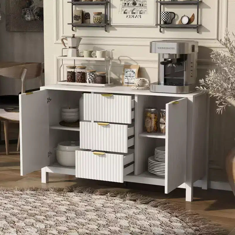 Credenza di design Wave, Mobile Consolle Contenitore con 3 Cassetti, Ante con Chiusura Ammortizzata, 3 Ripiani Regolabili, Maniglie in Metallo, Mobiletto per Soggiorno