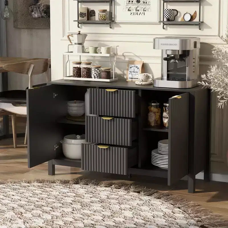 Credenza di design Wave, Mobile Consolle Contenitore con 3 Cassetti, Ante con Chiusura Ammortizzata, 3 Ripiani Regolabili, Maniglie in Metallo, Mobiletto per Soggiorno