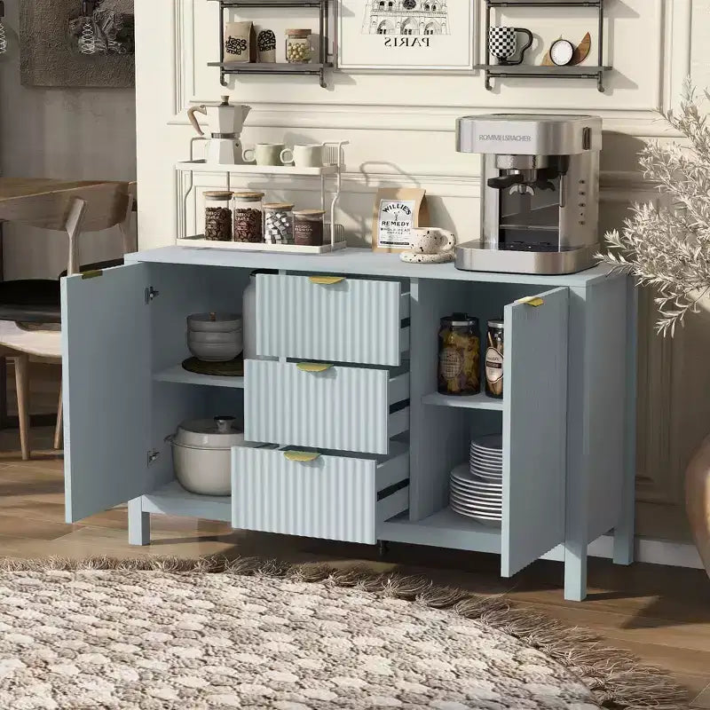 Credenza di design Wave, Mobile Consolle Contenitore con 3 Cassetti, Ante con Chiusura Ammortizzata, 3 Ripiani Regolabili, Maniglie in Metallo, Mobiletto per Soggiorno