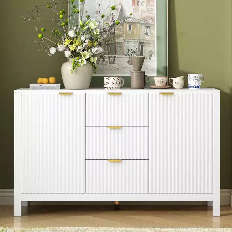 Credenza di design Wave, Mobile Consolle Contenitore con 3 Cassetti, Ante con Chiusura Ammortizzata, 3 Ripiani Regolabili, Maniglie in Metallo, Mobiletto per Soggiorno