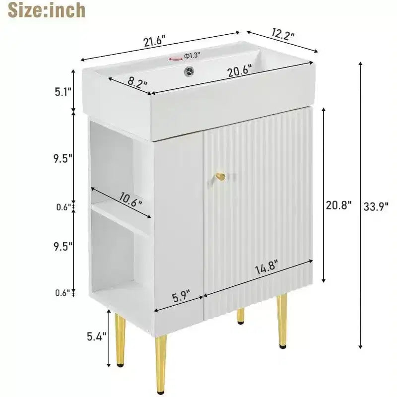 21.6 Mobiletto da bagno in ceramica bianca + MDF con lavabo singolo e vano portaoggetti laterale | Armadietto contenitore per bagno