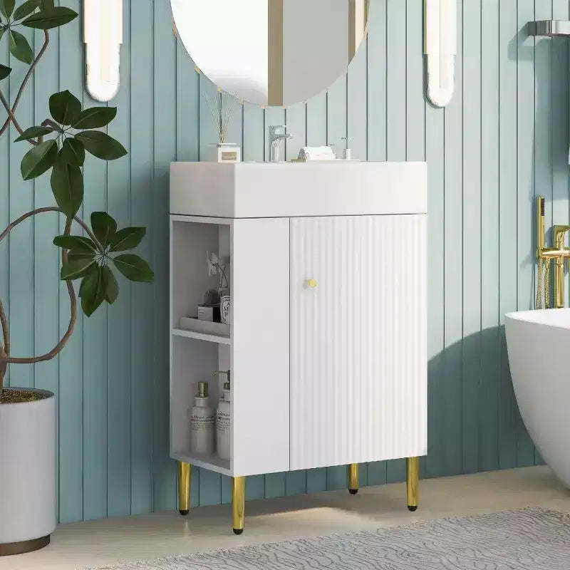 21.6 Mobiletto da bagno in ceramica bianca + MDF con lavabo singolo e vano portaoggetti laterale | Armadietto contenitore per bagno