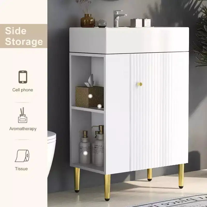 21.6 Mobiletto da bagno in ceramica bianca + MDF con lavabo singolo e vano portaoggetti laterale | Armadietto contenitore per bagno