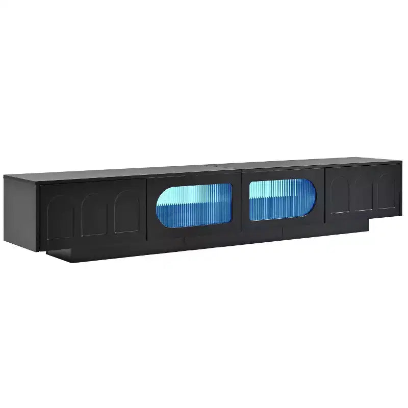Mobile TV con ante in vetro temperato scanalato, adatto a TV fino a 95 pollici, console multimediale funzionale, adatto a soggiorni, Nero