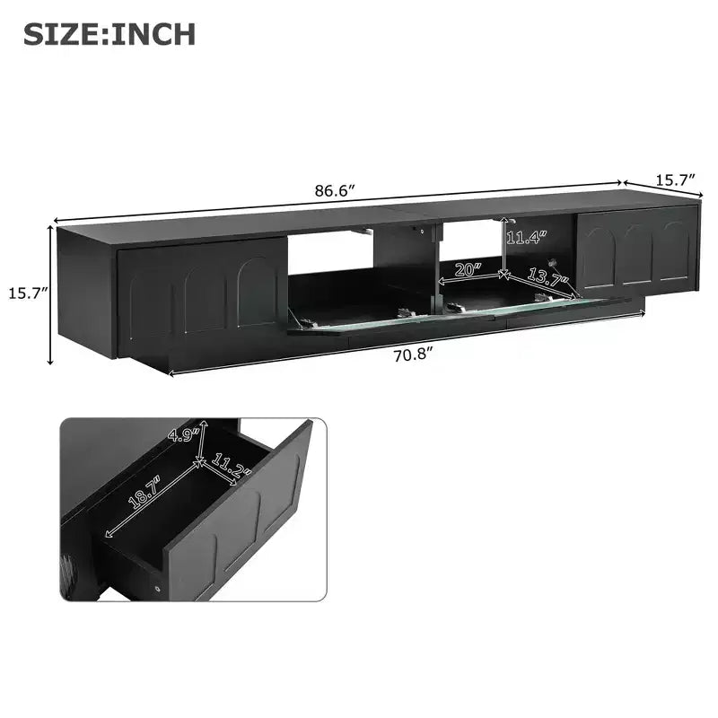 Mobile TV con ante in vetro temperato scanalato, adatto a TV fino a 95 pollici, console multimediale funzionale, adatto a soggiorni, Nero