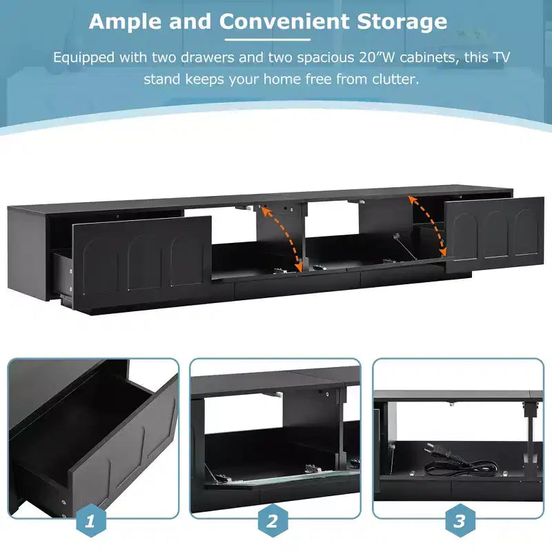 Mobile TV con ante in vetro temperato scanalato, adatto a TV fino a 95 pollici, console multimediale funzionale, adatto a soggiorni, Nero