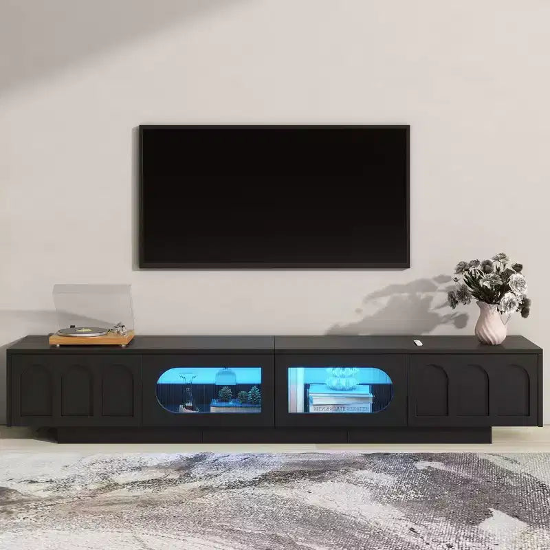 Mobile TV con ante in vetro temperato scanalato, adatto a TV fino a 95 pollici, console multimediale funzionale, adatto a soggiorni, Nero