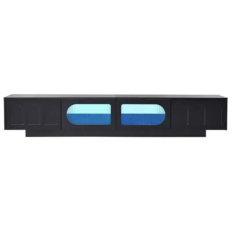 Mobile TV con ante in vetro temperato scanalato, adatto a TV fino a 95 pollici, console multimediale funzionale, adatto a soggiorni, Nero