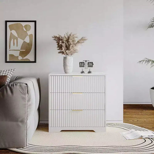 27 Inch Wide White Nightstand 3 Drawers Modern Fluted Wood Bedside Table Large Storage Accent Cabinet Dresser For Bedroom Living Room Home Furniture
