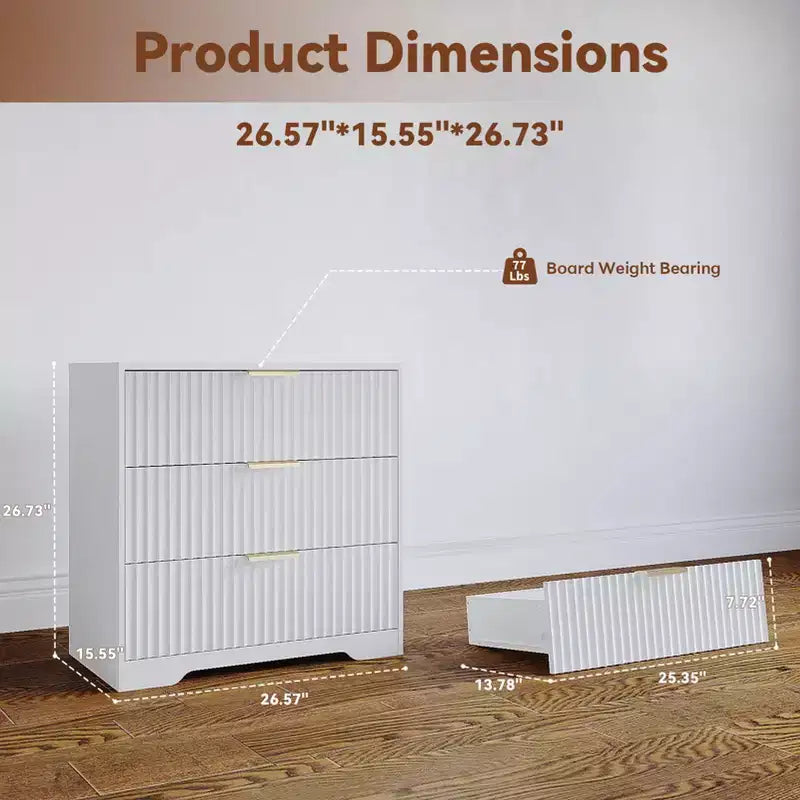 Comodino bianco largo 27 pollici con 3 cassetti, comodino moderno in legno scanalato, ampio mobile contenitore, cassettiera per camera da letto, soggiorno, mobili per la casa
